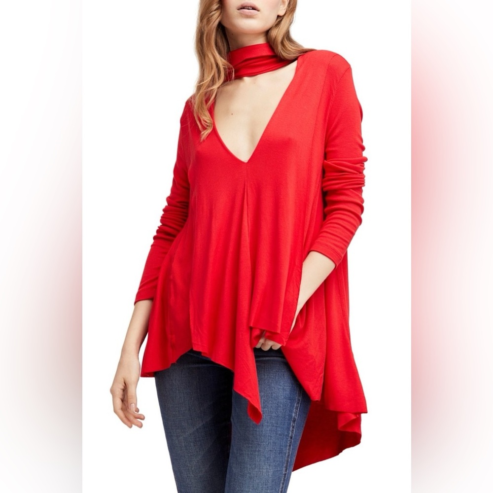Free People Red Uptown Turtle Chocker Collar Asymmetrical Tunic Top Size L
